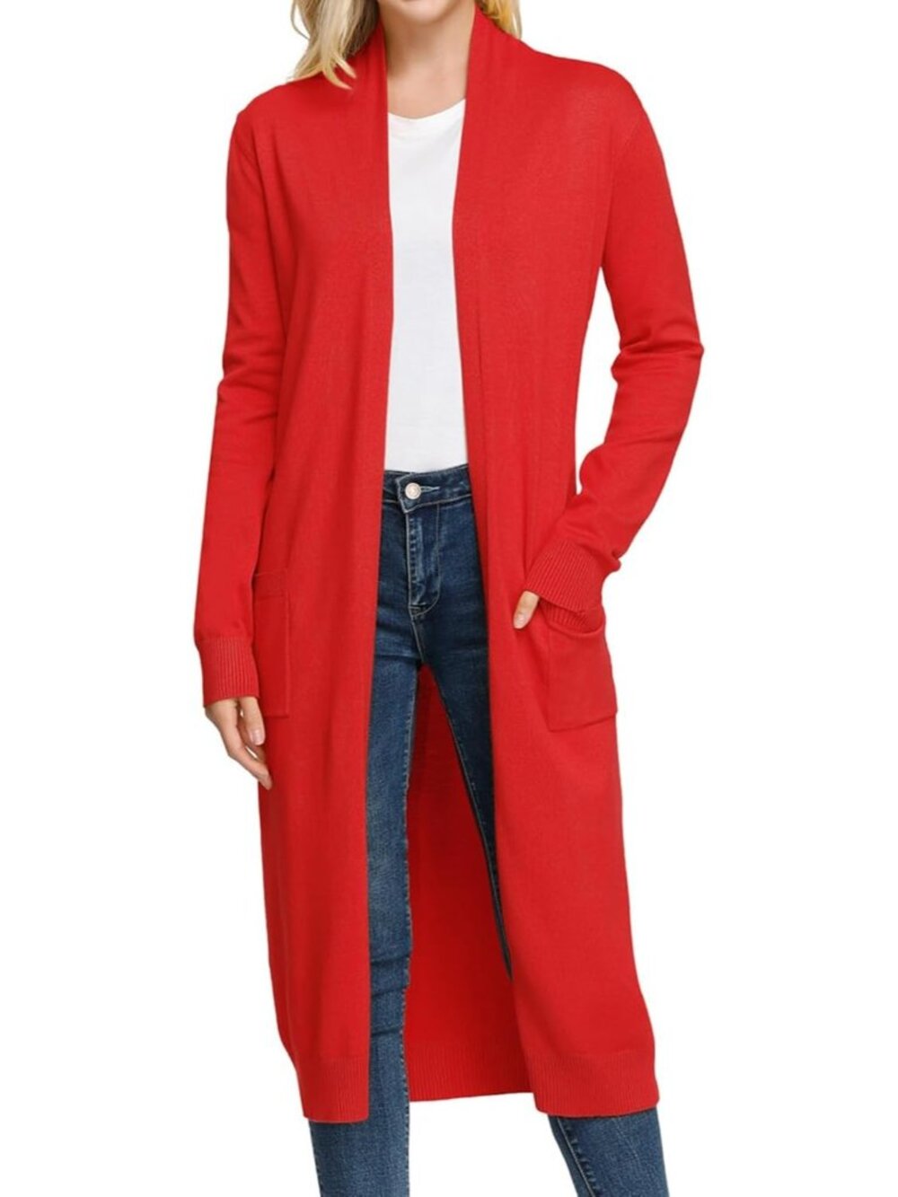 Women's Red Lightweight Solid Open Front Maxi Long Knitted Cardigan Sweater